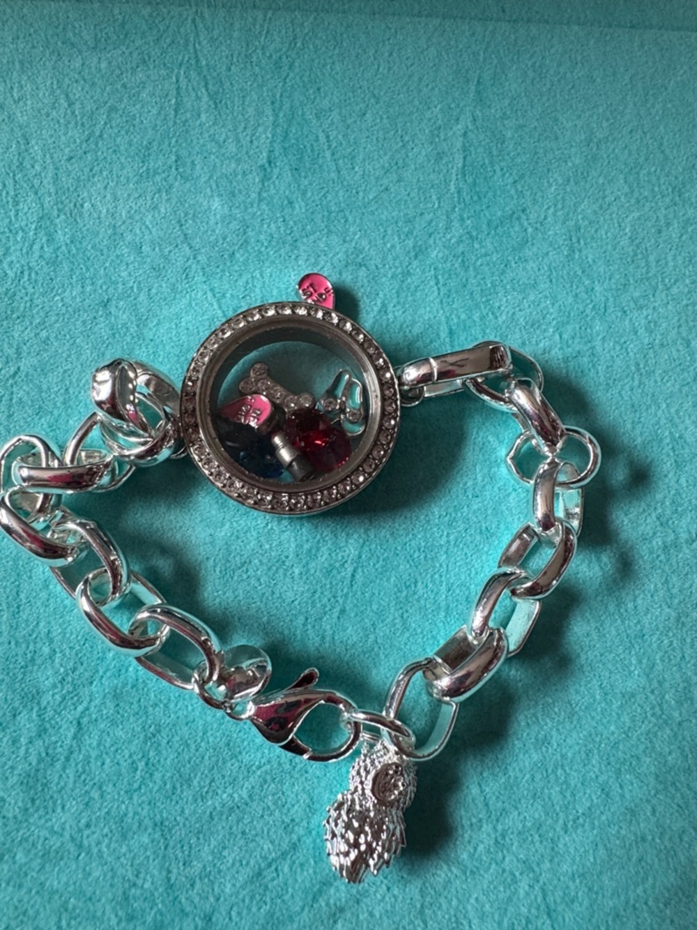 Silver Charm Locket Bracelet with Owl Charm - Pink & Red Accents